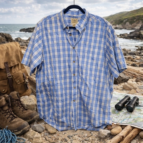 L.L. Bean Other - LL Bean Mens Large Blue Plaid Button Down Short Sleeve Shirt